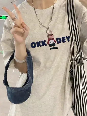 美式纯棉正肩短袖t恤女夏大码宽松韩版半袖慵懒风chic港味上衣服商品大图