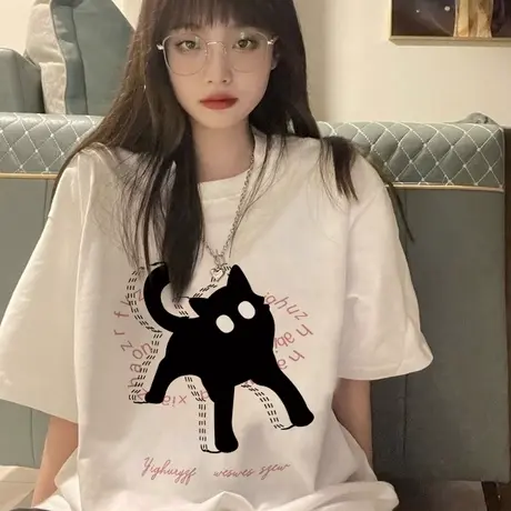 纯棉重磅白色短袖t恤女夏季潮牌美式复古小众设计感宽松半袖上衣商品大图