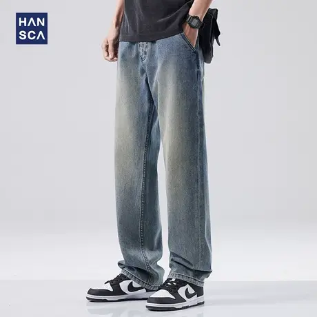hansca直筒牛仔裤男春季新款美式潮牌水洗做旧痞帅宽松休闲长裤子商品大图