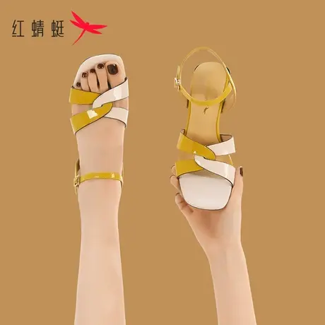 红蜻蜓粗跟时装凉鞋女2023年新款一字带女鞋夏季外穿方头高跟鞋女商品大图