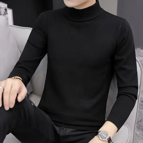 秋冬季男士毛衣半高领针织打底衫内搭潮流学生中领修身纯黑色线衣商品大图