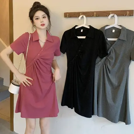 大码夏装胖mm设计感小众遮肚连衣裙女茶歇法式短袖polo裙子200斤商品大图