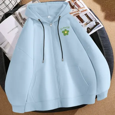 秋季卫衣外套女2023春秋新款雾蓝连帽开衫小个子秋装拉链上衣外套商品大图