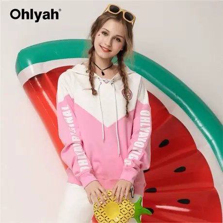 Ohlyah韩版宽松女装2023新款卫衣拼接纯棉连衣裙慵懒风溜肩休闲图片