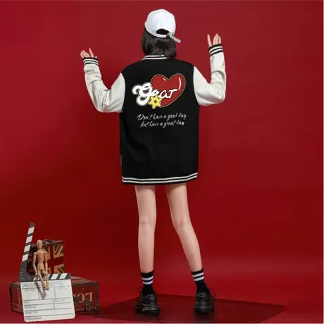 Ohlyah美式纯棉棒球服女国潮牌大爱心印花情侣运动夹克班服定制商品大图