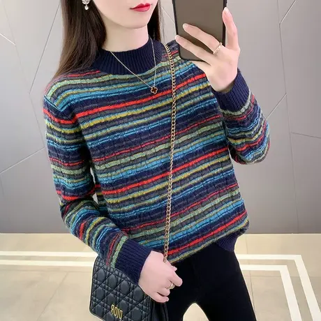 半高领毛衣女秋冬季2023年新款宽松外穿慵懒风条纹加厚针织打底衫商品大图