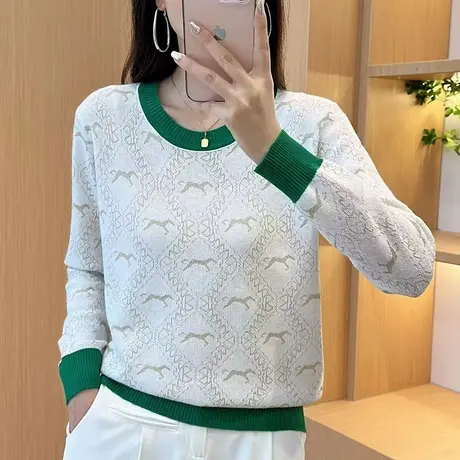 2023秋季新款圆领拼色金丝小马针织打底衫宽松减龄内搭洋气上衣女图片