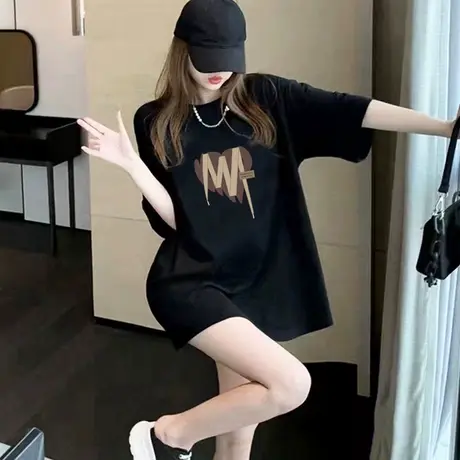 黑色时尚印花中长款t恤女短袖显瘦上衣2023夏季新款遮屁股体恤潮商品大图