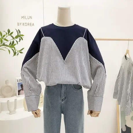 小众设计感上衣2022春新款韩国东大门洋气时髦拼接竖条纹衬衫大码图片