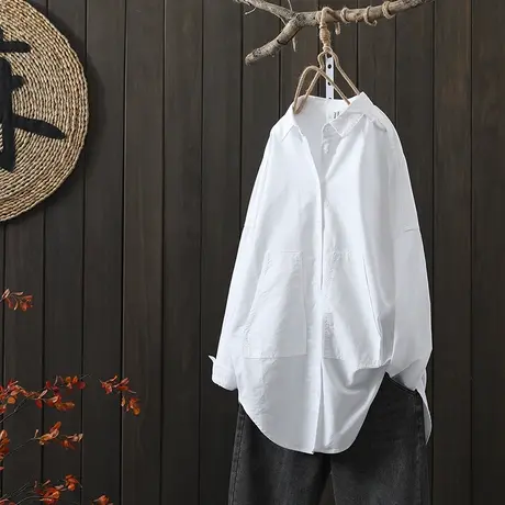 枫谜2021年春装新款文艺全棉中长款衬衫女宽松休闲纯色衬衣上衣图片