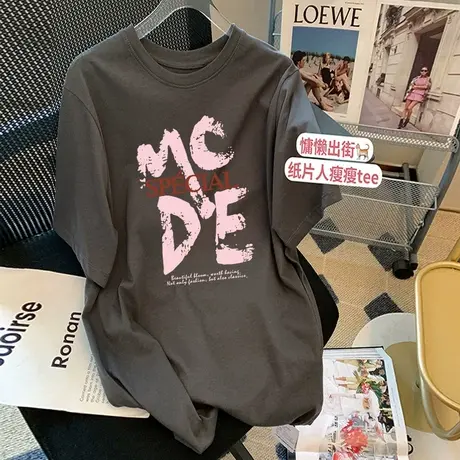 简约纯棉短袖t恤女中长款韩版宽松字母印花上衣大码显瘦减龄夏装商品大图