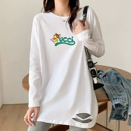 白色打底衫中长款宽松字母印花大码上衣潮纯棉加厚磨毛t恤女长袖商品大图