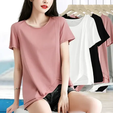 纯色圆领短袖t恤女不规则不对称设计感下摆缺口小众上衣夏季薄款商品大图