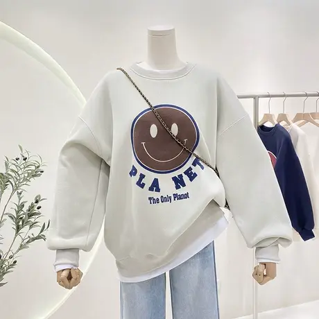 连帽卫衣女美式2022新款植绒笑脸印花小众设计感宽松加绒上衣外套图片