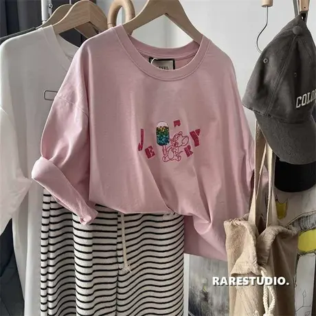 亮片冰淇淋刺绣杰瑞鼠卡通减龄休闲宽松慵懒显瘦百搭短袖棉T恤女图片