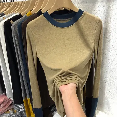 韩国东大门2023年春季新款修身撞色洋气圆领百搭打底衫T恤上衣女商品大图