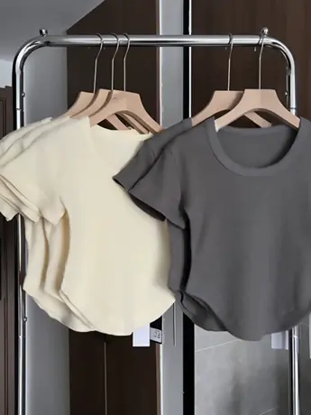 纯欲短款U领短袖t恤女夏季辣妹甜酷小众设计感法式潮牌女装上衣服图片