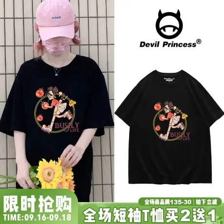 oversize宽松日系甜美卡通印花短袖T恤女ins风黑色纯棉打底衫内搭商品大图