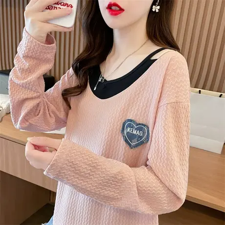 设计感小众长袖t恤女春秋季韩版宽松撞色百搭小个子鸡心领上衣服商品大图