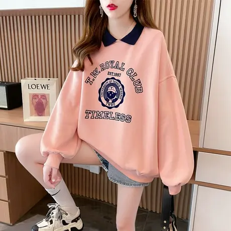 小个子翻领polo衫卫衣女春秋季韩版宽松薄款娃娃领假两件上衣外套商品大图