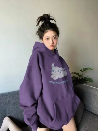 鸢尾紫连帽卫衣女oversize秋冬加绒加厚宽松美式复古港味chic外套商品大图