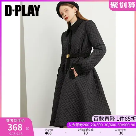 DPLAY秋装新气质通勤风亮丝粗花呢拼接菱格棉服长款大摆外套图片