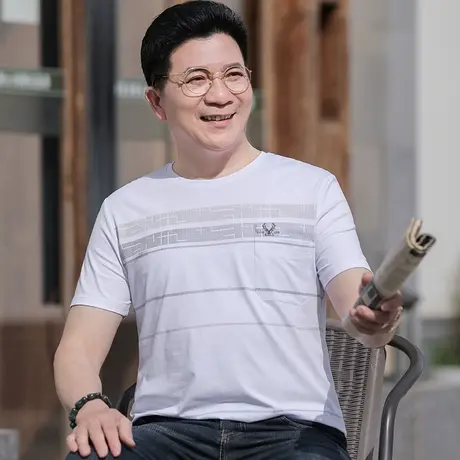 夏季中年男士短袖t恤圆领爸爸装老年人半袖上衣服丝光棉宽松体恤商品大图