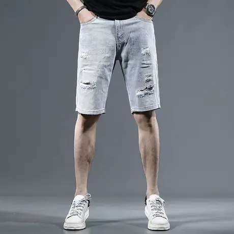 高端破洞五分牛仔裤男2023夏季新款浅蓝色男士弹力直筒薄款短裤男商品大图