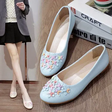 单鞋女绣花汉服春秋仙女风温柔软底平底鞋子浅口舒适百搭豆豆鞋商品大图