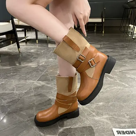 骑士靴女2023秋季中筒复古粗跟英伦圆头帅气炫酷辣妹小个子显腿长图片