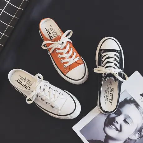 帆布鞋女2023夏季透气百搭厚底一脚蹬懒人鞋子无后跟学生半拖布鞋商品大图