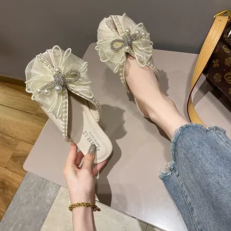 包头半拖鞋女夏季外穿2023年新款韩版蝴蝶结珍珠平底软底鱼嘴凉拖商品大图