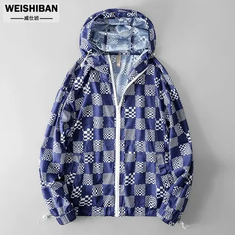 潮牌超薄网眼外套夏季情侣男女连帽棋盘格防晒服透气运动钓鱼上衣商品大图