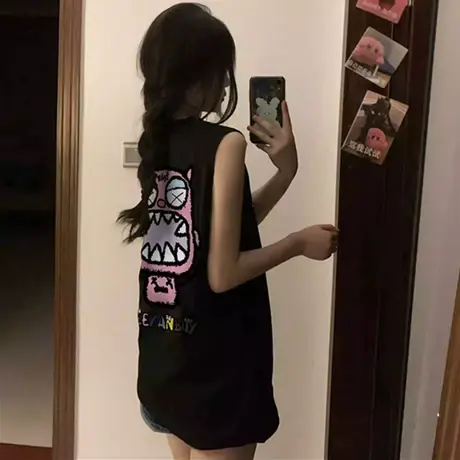 美式复古纯棉吊带运动坎肩背心无袖t恤女夏季外穿篮球服宽松上衣商品大图