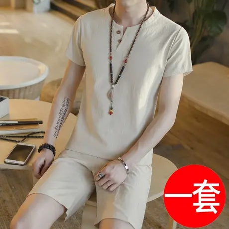 夏季男两件套装韩版亚麻T恤一身衣服长裤休闲棉麻短袖t恤潮裤薄款商品大图
