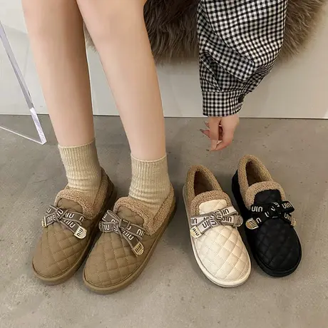 复古豆豆鞋女2023年秋冬季新款加厚保暖蝴蝶结棉鞋平底毛绒豆豆鞋图片