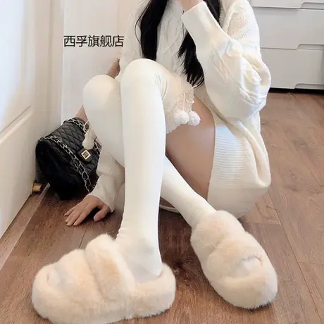 秋冬季加绒白色毛球长筒袜女羊羔绒保暖过膝长筒袜打底袜过膝袜商品大图