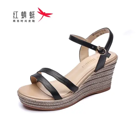 红蜻蜓女鞋女凉鞋夏季百搭厚底松糕时尚坡跟牛皮舒适透气增高休闲商品大图