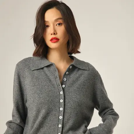 宽松衬衣领羊绒针织开衫秋季2023新款女装时尚百搭洋气上衣W096商品大图
