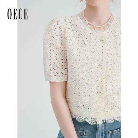 Oece设计感小众蕾丝短袖上衣2023夏季新款女正肩显瘦法式气质小衫商品大图