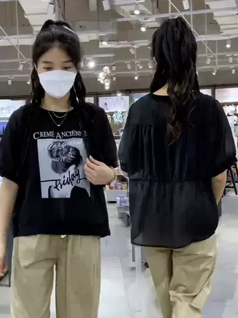 夏季新款圆领纯色美女印花t恤时尚遮肉减龄洋气气质百搭短袖小衫商品大图