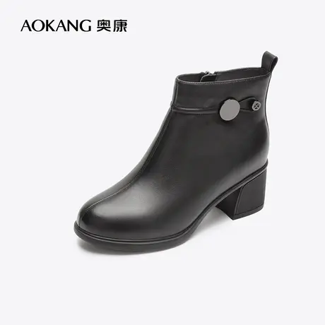 【门店发货】奥康女鞋 2022冬季新款加绒保暖舒适粗高跟百搭显瘦商品大图