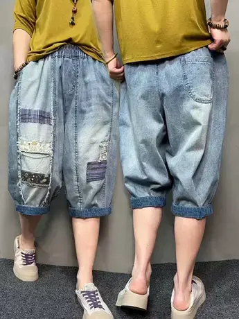 个性毛边贴布薄款六分牛仔裤女胖mm大码宽松显瘦洋气五分哈伦短裤商品大图