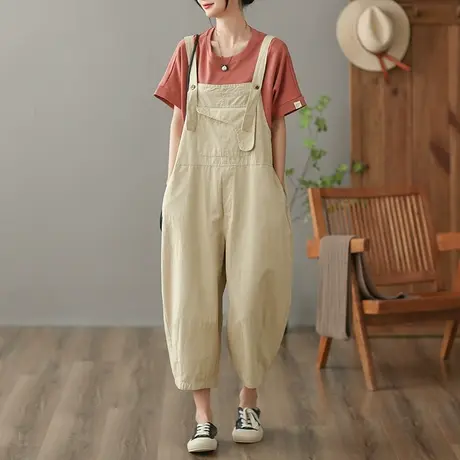 dza 高腰显瘦纯棉背带裤女2023夏季休闲直筒阔腿裤减龄百搭连体裤图片