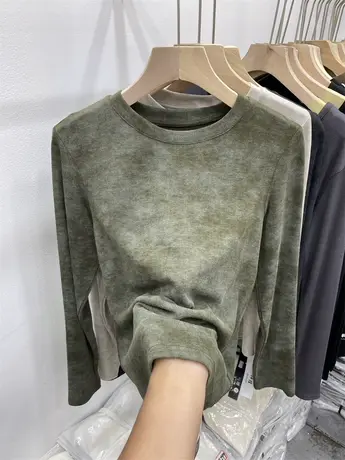 设计感圆领做旧晕染长袖T恤女2023秋新款漂亮亲肤柔软打底衫上衣商品大图