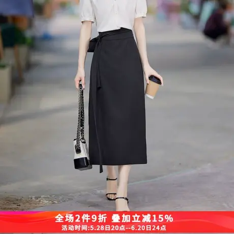 娅丽达围裹式高腰系带新中式半身裙女夏季2025新款裙子黑色直筒裙图片