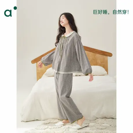 安之伴【巨柔软梭织棉布】睡衣女春秋新款甜美格子长袖家居服全棉商品大图