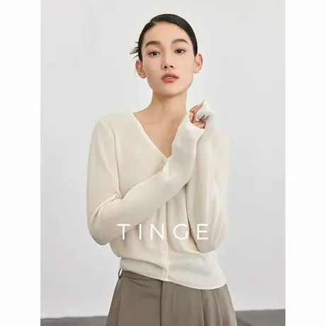 TINGE贴己春秋女装新款针织V领开衫外套女镂空长袖披肩外搭打底衫图片