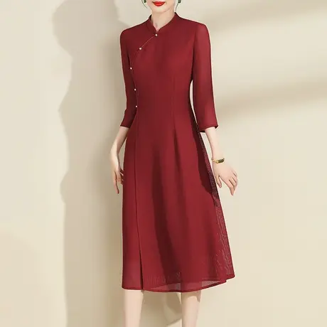 水墨青华2023冬季新款优雅改良中国风旗袍百搭素雅红色连衣裙商品大图