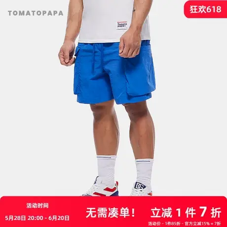 TOMATOPAPA美式工装风短裤褶皱感拼接多口袋机能速干五分沙滩裤商品大图
